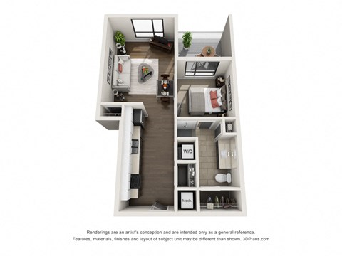 Floor plan for 1 bed, 1 bath, 634 sqft